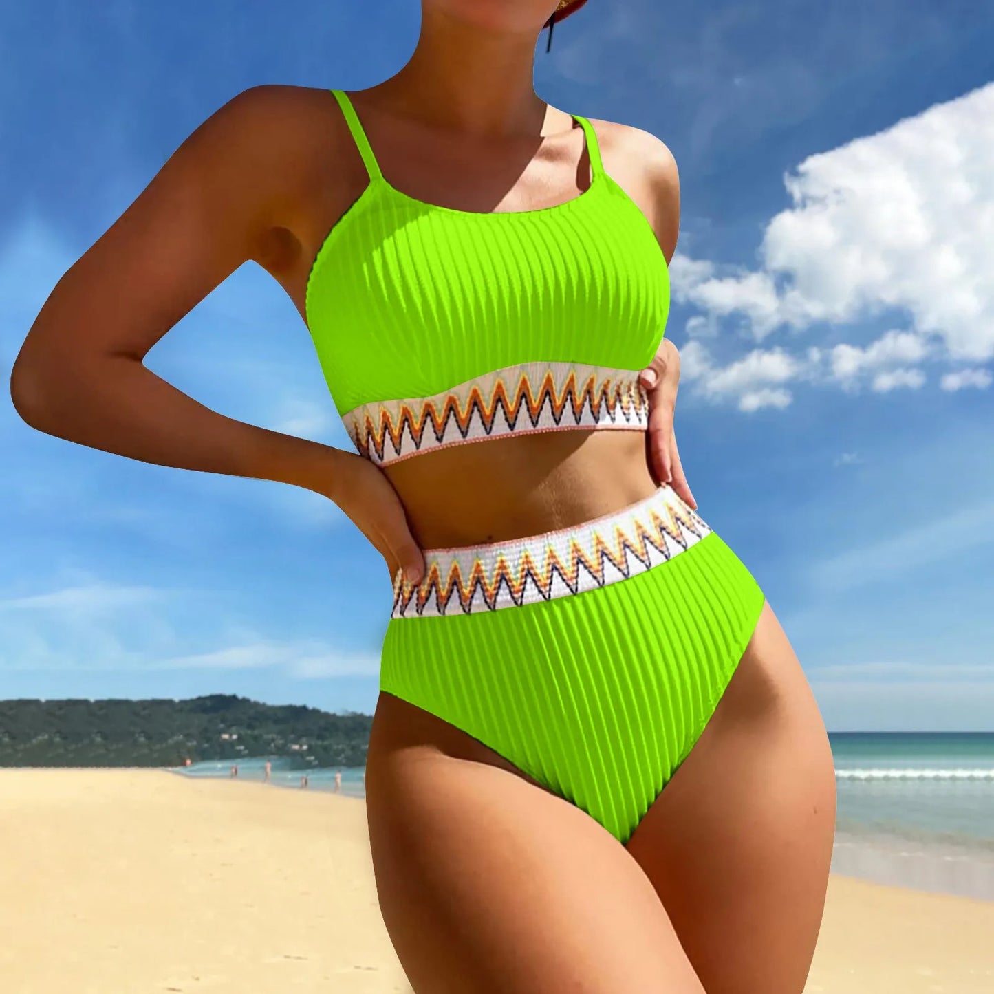 High Waist Color Block V-Neck Bikini Set for Women