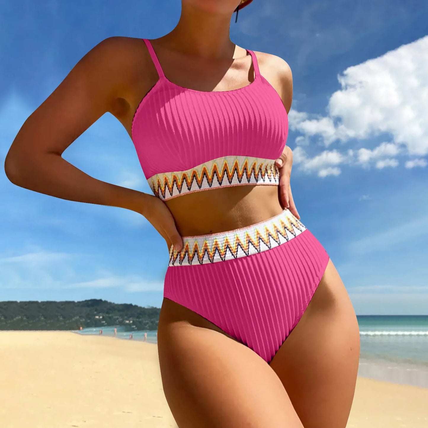 High Waist Color Block V-Neck Bikini Set for Women