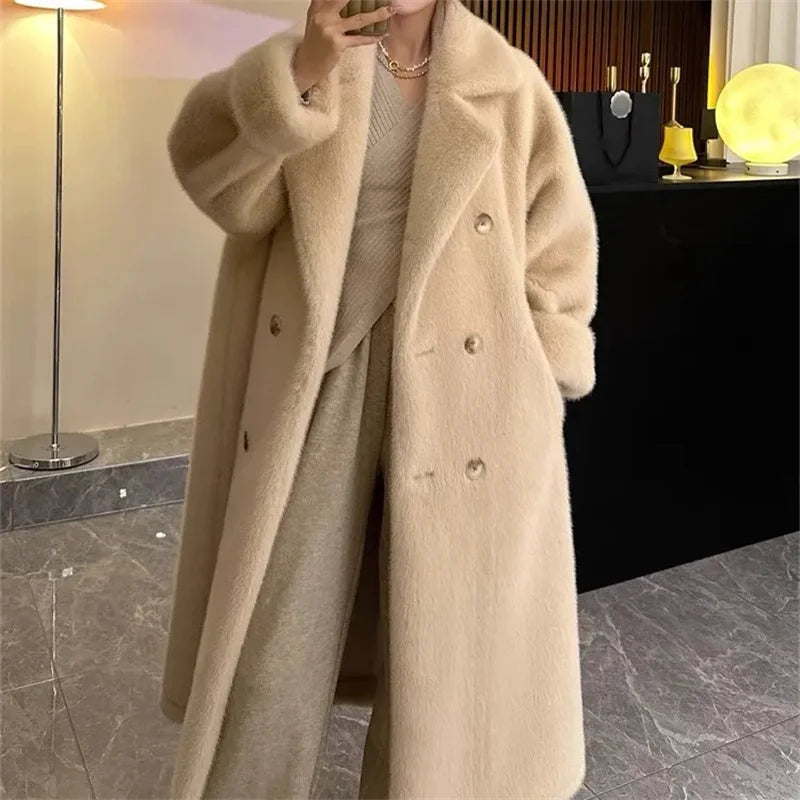 Beige Eco-Friendly Faux Mink Fur Long Thick Coat with Integrated Collar for Women