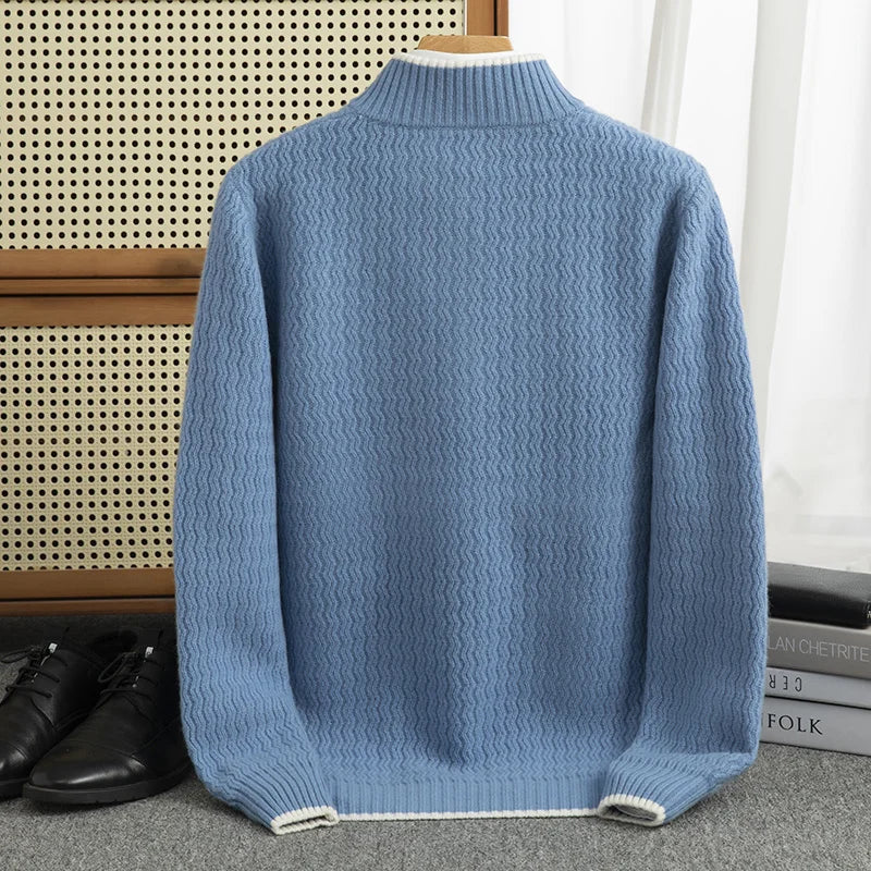 Mens 100 Pure Wool Zipper Pullover Sweater - Thick Round Neck Casual Business Top