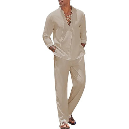 Mens Cotton Linen Beach Suit - 2pcs Shirt  Sweatpants Tracksuit