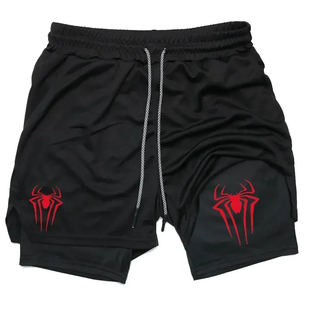 Mens Y2K Spider Print Compression Shorts - 5-Inch Quick-Dry Gym Training Shorts with Pockets Breathable 2-in-1 Design