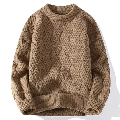 Mens Loose-Fit Round Neck Sweater - Solid Color Knitwear for Autumn Casual Wear