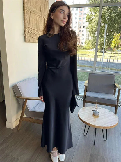 Elegant Solid Long Sleeve High Waist Party Dress for Women