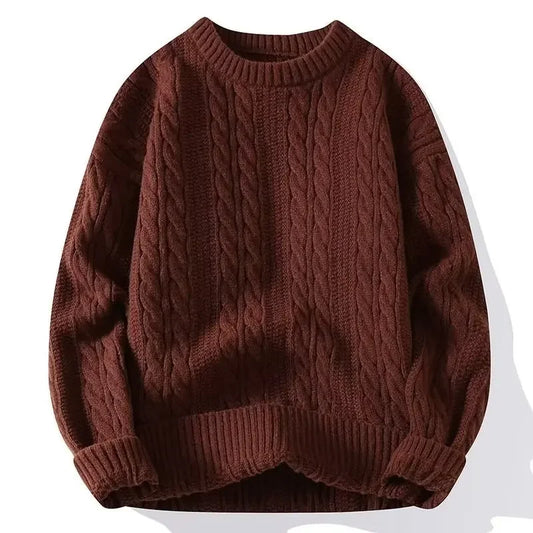 Mens Loose-Fit Round Neck Sweater - Solid Color Knitwear for Autumn Casual Wear