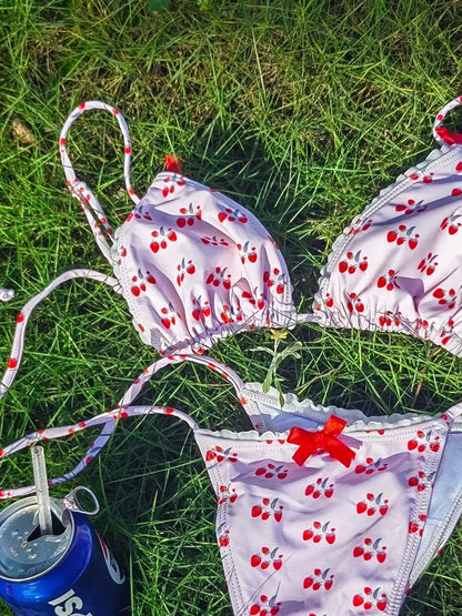 Cherry Print Triangle Bikini Set - Sexy Lace Micro Thong Swimwear for Women