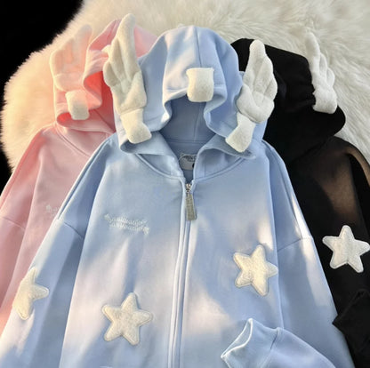 Kawaii Star-Shape Embroidery Hoodie Coat for Women