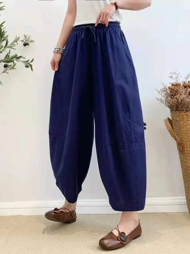 Womens Khaki Oversized Harem Pants - Baggy Cotton Linen Lantern Pants with Pockets for Summer 2023