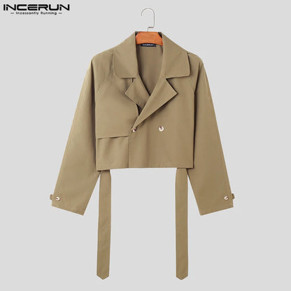 Mens Lapel Crop Jacket - Casual Loose Fashion Coats with Belt S-5XL