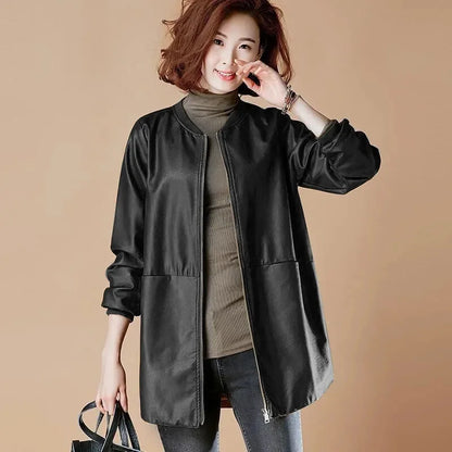 Womens Mid-Long Leather Baseball Jacket