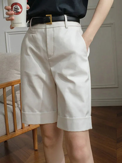 High Waist Knee-Length White Shorts for Women