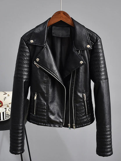 Faux Leather Motorcycle Jacket for Women - Black with Rivet Detail and Turndown Collar