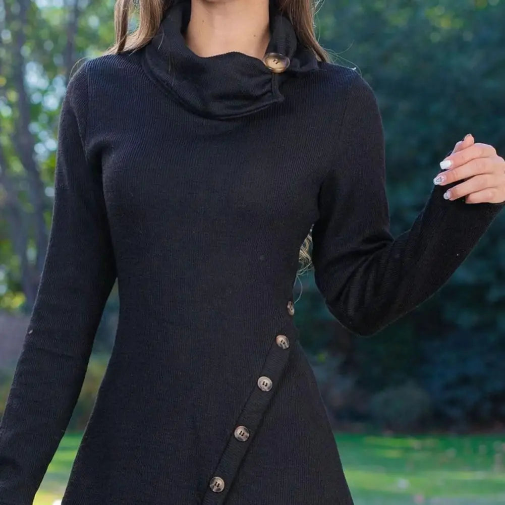 Womens High Waist Long Sleeve Mini Dress with Piled Collar - Solid Color Autumn Winter Streetwear