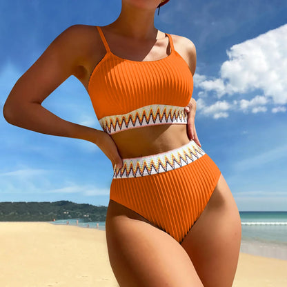 High Waist Color Block V-Neck Bikini Set for Women