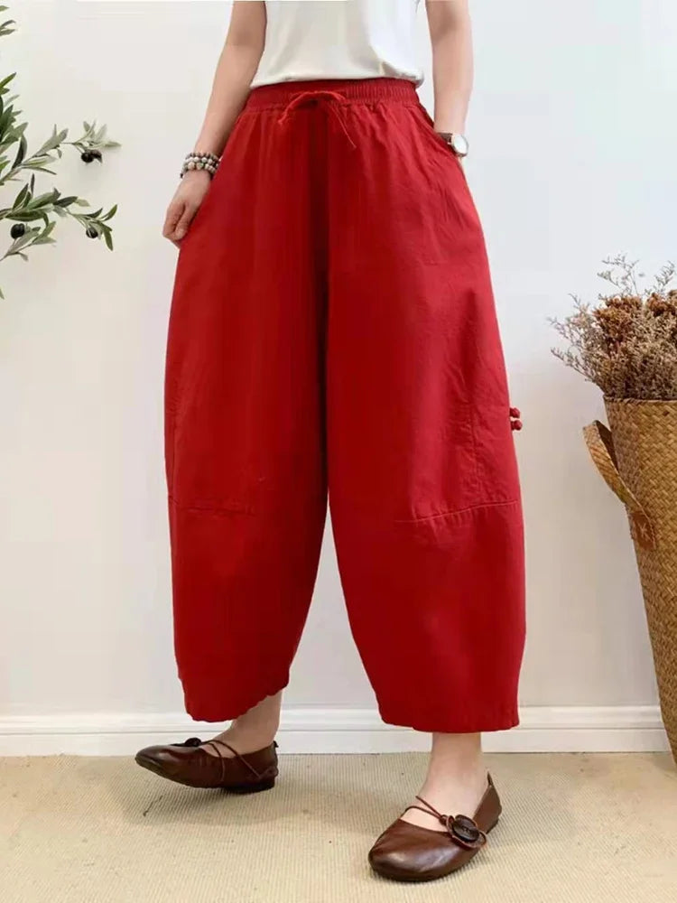 Womens Khaki Oversized Harem Pants - Baggy Cotton Linen Lantern Pants with Pockets for Summer 2023