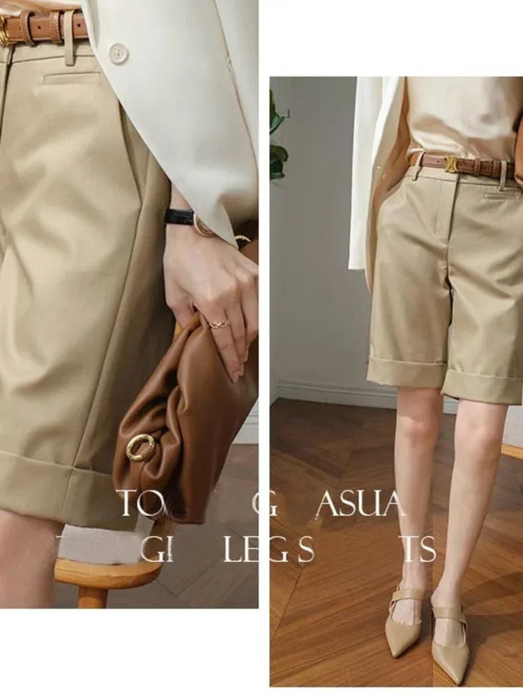 High Waist Knee-Length White Shorts for Women