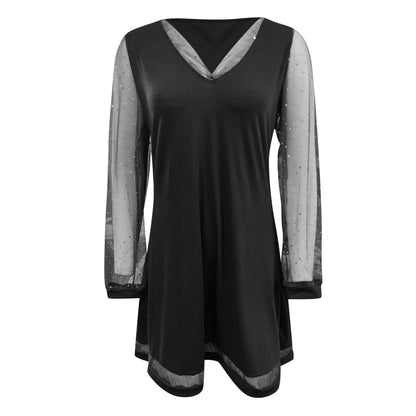 Lace Splice Mini Dress - Womens V-Neck Long Sleeve Pullover