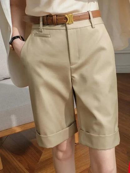 High Waist Knee-Length White Shorts for Women