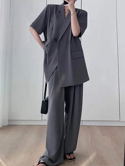 Chic Womens Blazer and Wide Leg Pants Suit Set - Stylish Two-Piece Outfit