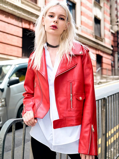 Red Vintage Faux Leather Biker Jacket for Women - Casual Autumn Winter Coat