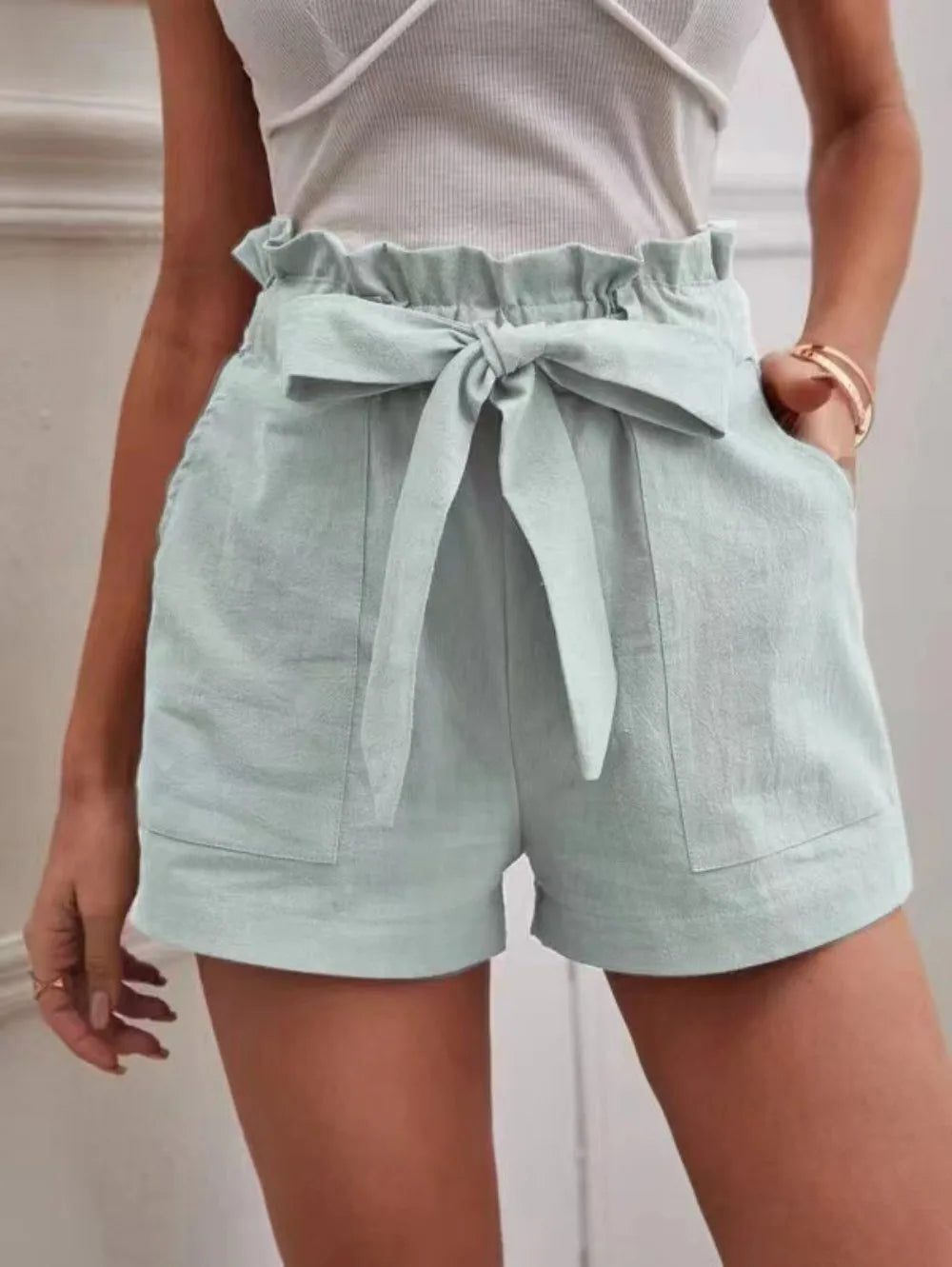 High-Waisted Linen Shorts for Women - Casual Wide Leg with Pockets