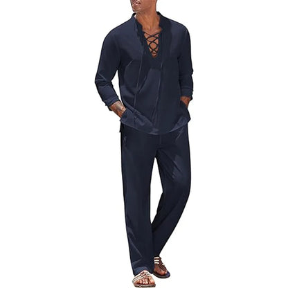 Mens Cotton Linen Beach Suit - 2pcs Shirt  Sweatpants Tracksuit