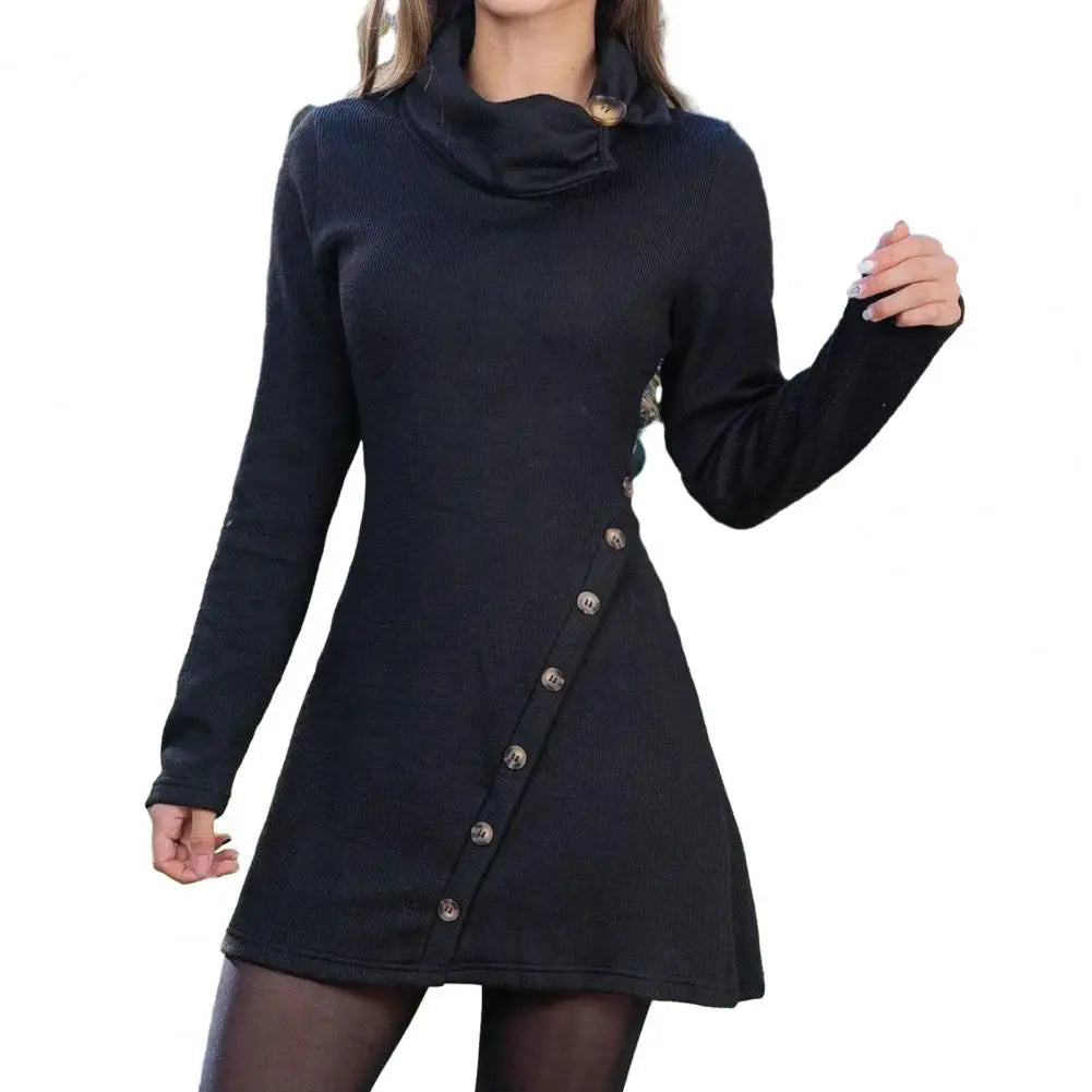 Womens High Waist Long Sleeve Mini Dress with Piled Collar - Solid Color Autumn Winter Streetwear