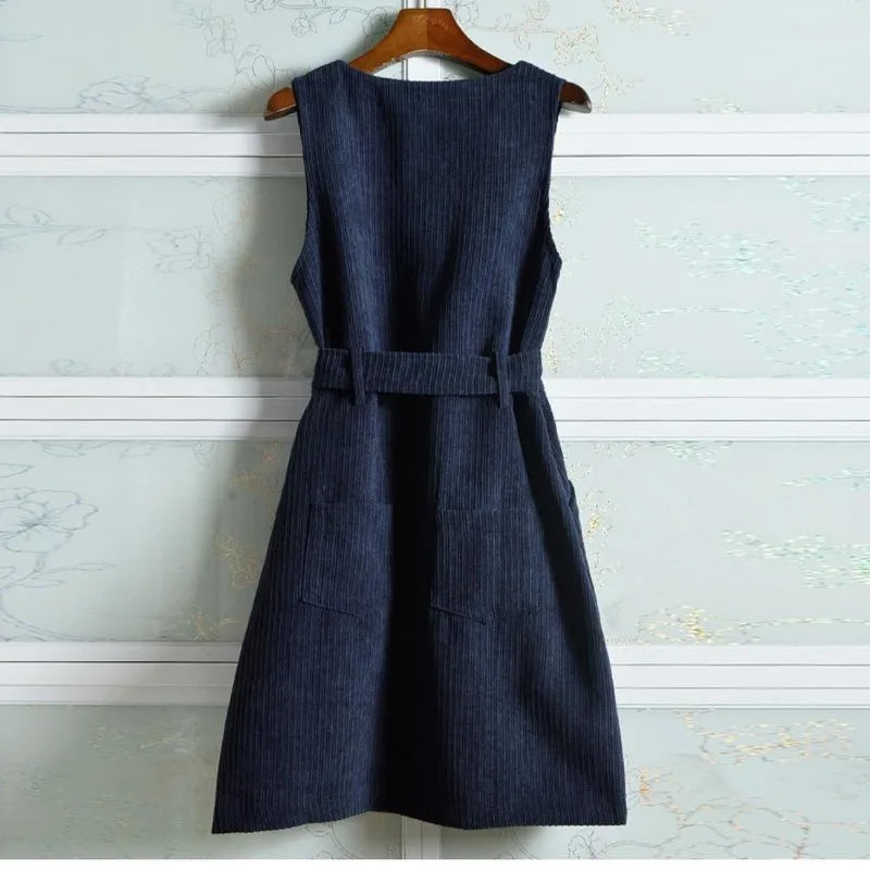 V-neck Sleeveless Corduroy Vest Dress with Pockets - Elegant Spring Autumn Style 2024