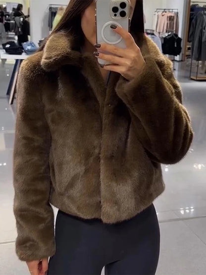 Warm Brown Faux Fur Coat - Plush Short Outwear for Women