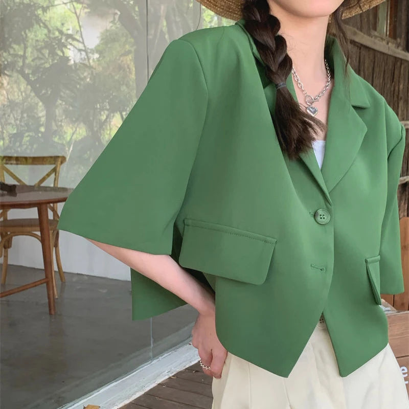 Chic Green Cropped Blazer - Short Sleeve Summer Jacket 2024