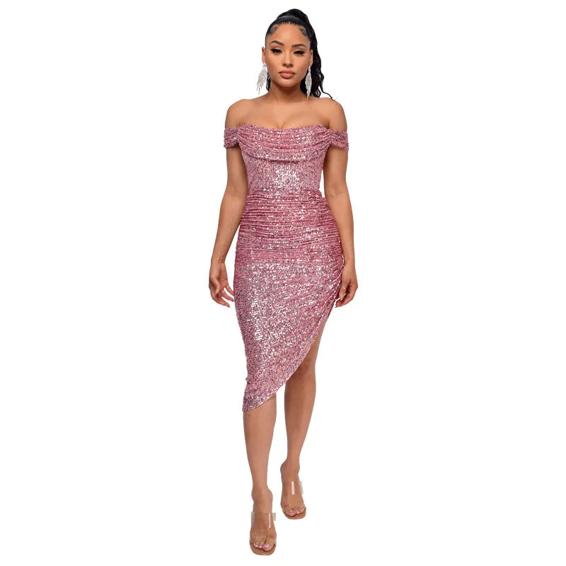 Off-Shoulder Sequin Bodycon Dress - Stylish Knee Length Party Dress