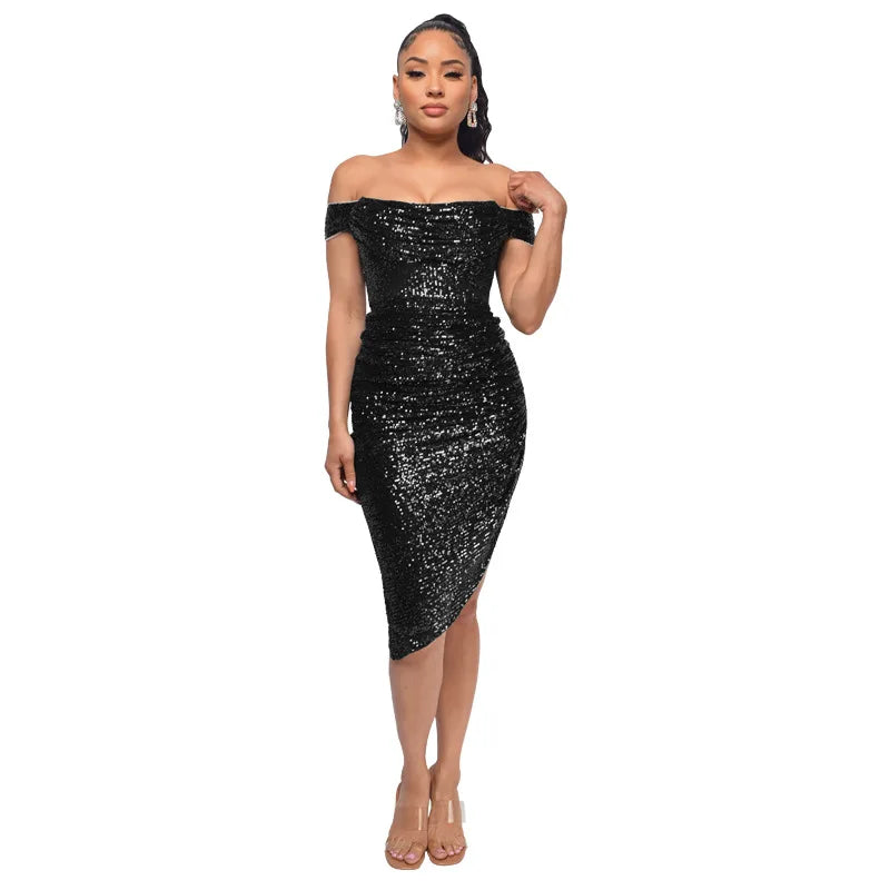 Off-Shoulder Sequin Bodycon Dress - Stylish Knee Length Party Dress