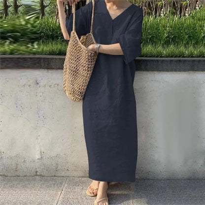 Womens Casual Cotton-Linen V-Neck Dress - Elegant Loose Short Sleeve Summer Dress