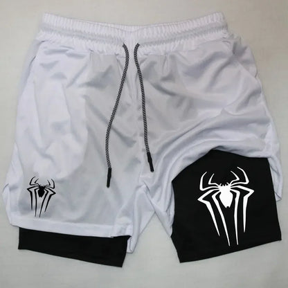 Mens Y2K Spider Print Compression Shorts - 5-Inch Quick-Dry Gym Training Shorts with Pockets Breathable 2-in-1 Design