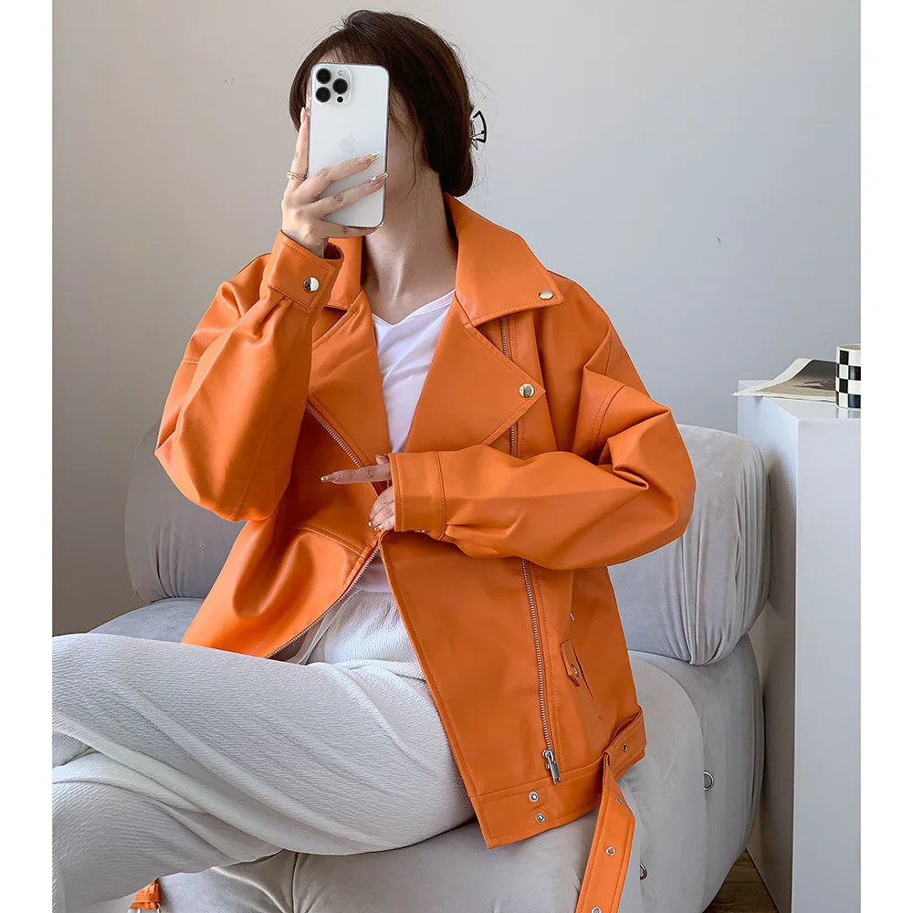 Orange PU Leather Jacket for Women - Stylish Loose Fit Streetwear for AutumnWinter 2023