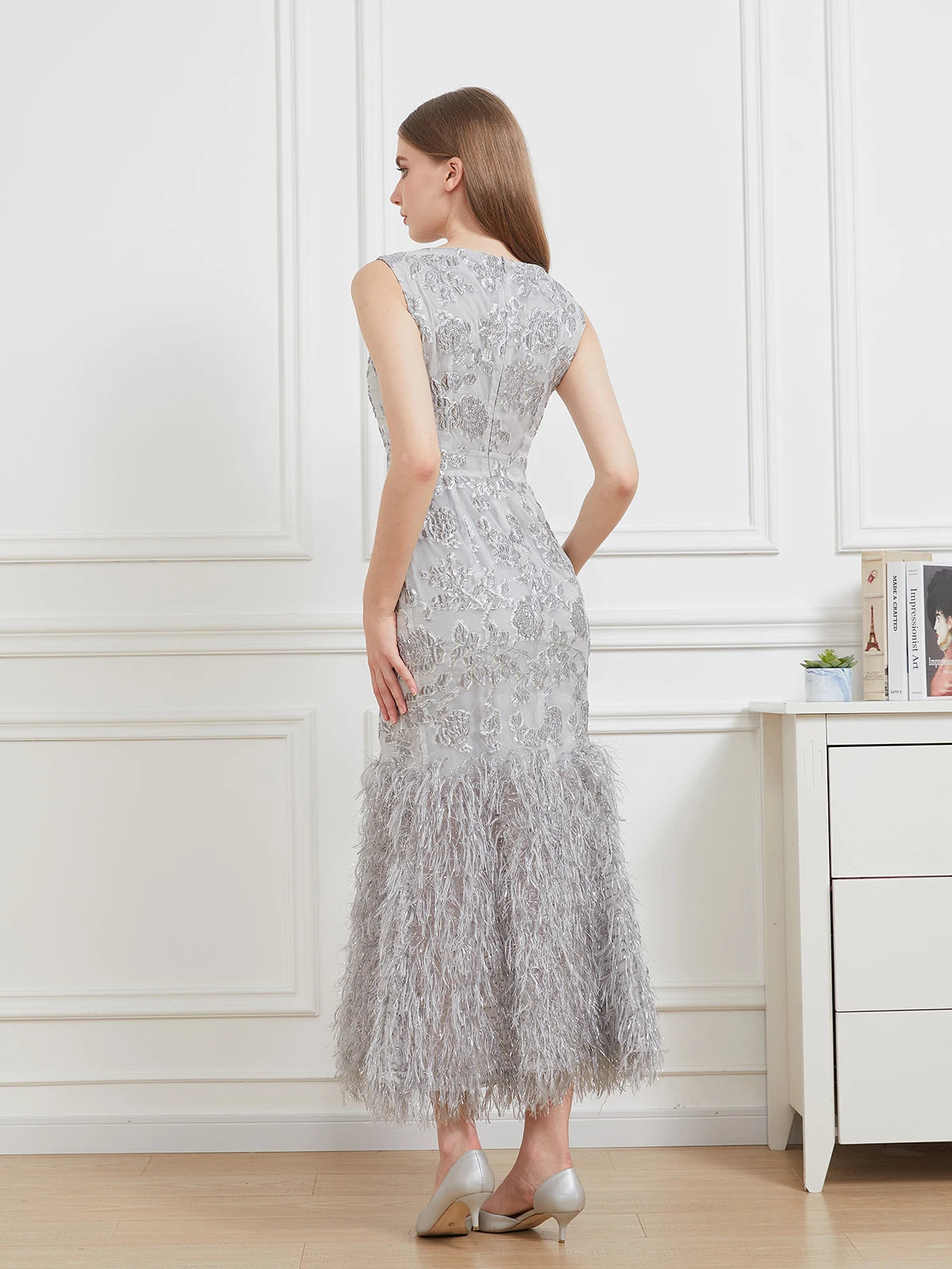 Fishtail Organza Maxi Dress - Sleeveless Bodycon Gown with Feathers