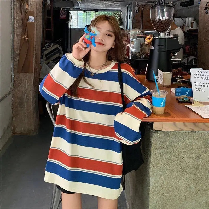 Oversized Striped Hoodie - Womens Harajuku Sweatshirt Korean Streetwear Top