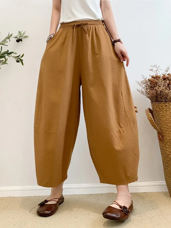 Womens Khaki Oversized Harem Pants - Baggy Cotton Linen Lantern Pants with Pockets for Summer 2023