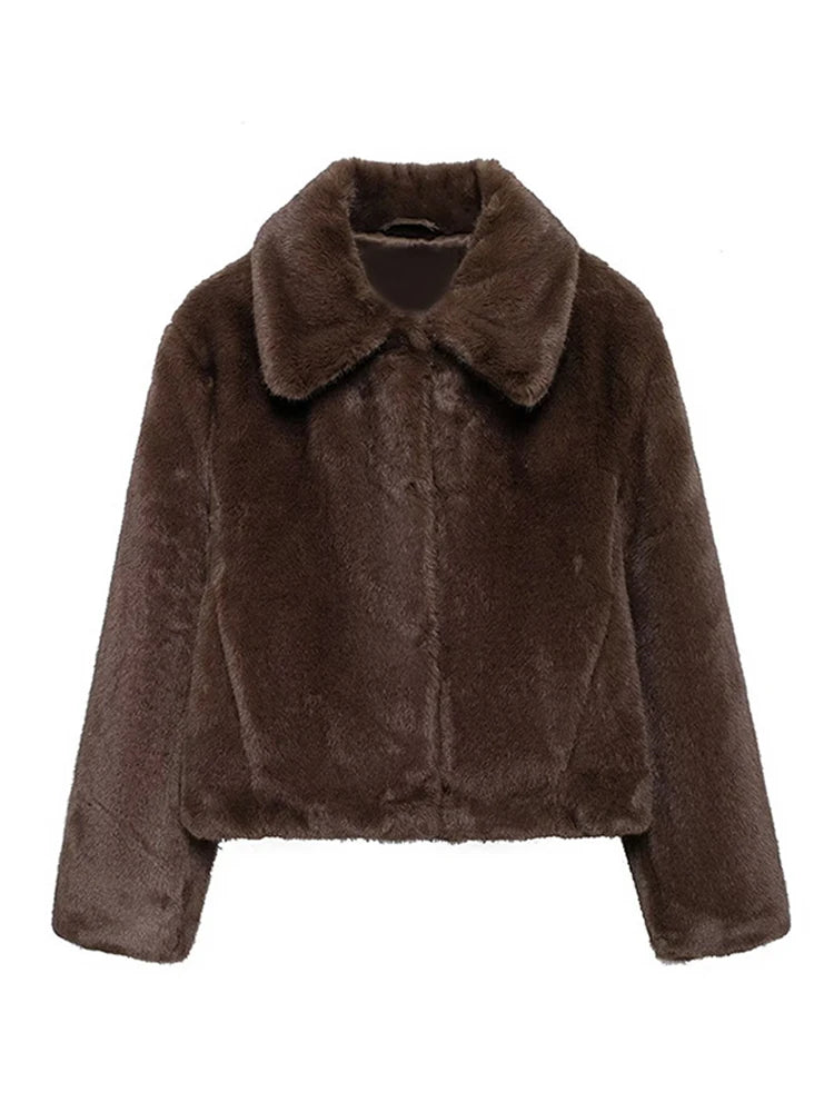 Warm Brown Faux Fur Coat - Plush Short Outwear for Women