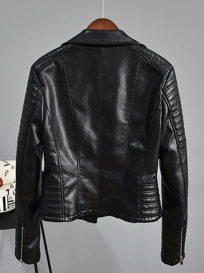 Faux Leather Motorcycle Jacket for Women - Black with Rivet Detail and Turndown Collar