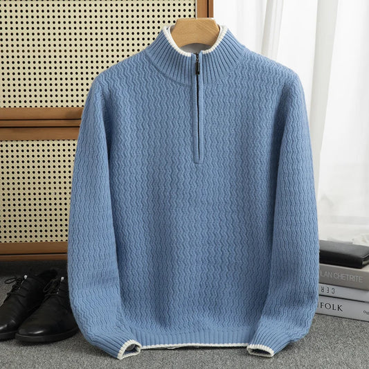 Mens 100 Pure Wool Zipper Pullover Sweater - Thick Round Neck Casual Business Top