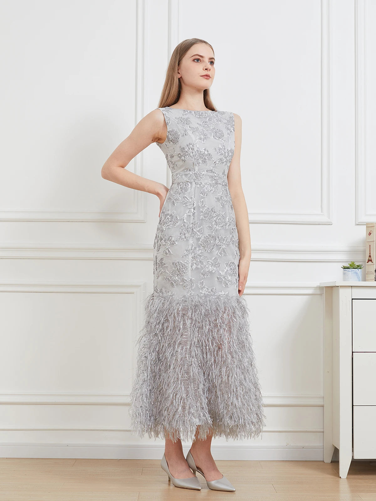 Fishtail Organza Maxi Dress - Sleeveless Bodycon Gown with Feathers