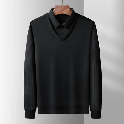 Mens Fake Collar Casual Long Sleeve Pullover Tee - Lapel Polo Sweater