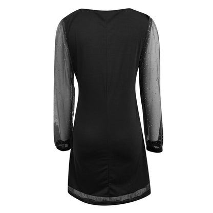 Lace Splice Mini Dress - Womens V-Neck Long Sleeve Pullover