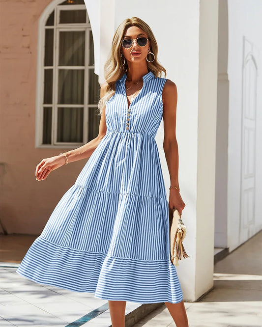 Sleeveless Striped V-Neck Dress for Women