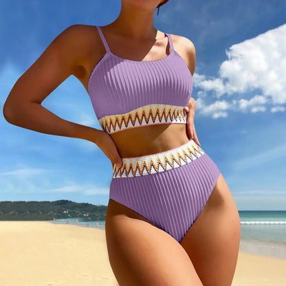 High Waist Color Block V-Neck Bikini Set for Women