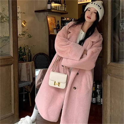 Beige Eco-Friendly Faux Mink Fur Long Thick Coat with Integrated Collar for Women