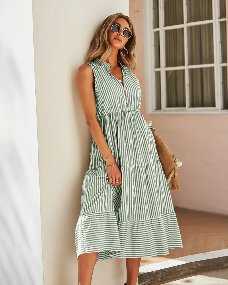 Sleeveless Striped V-Neck Dress for Women