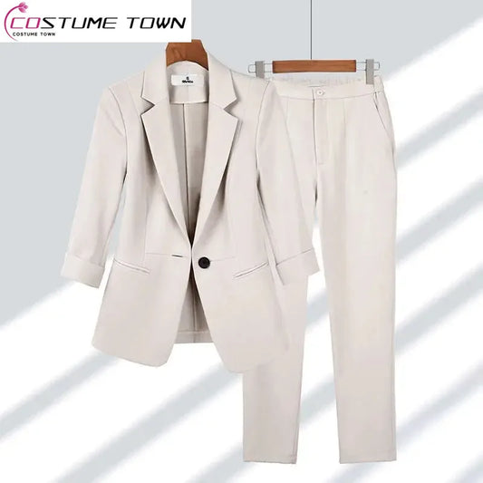 Elegant Womens Two Piece Blazer and Wide Leg Pants Set - Casual Office Outfit