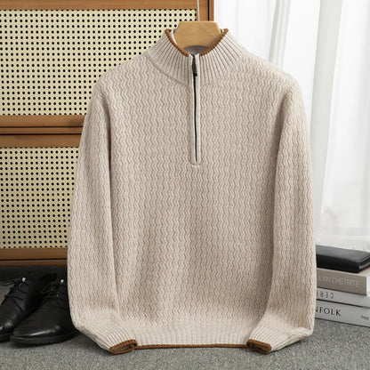 Mens 100 Pure Wool Zipper Pullover Sweater - Thick Round Neck Casual Business Top